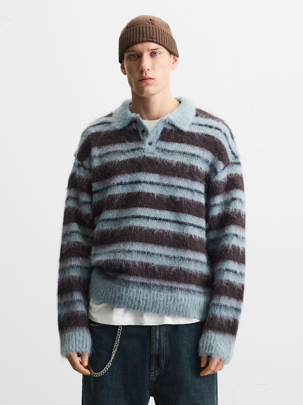 Zara Striped Fuzzy Polo Sweater Medium